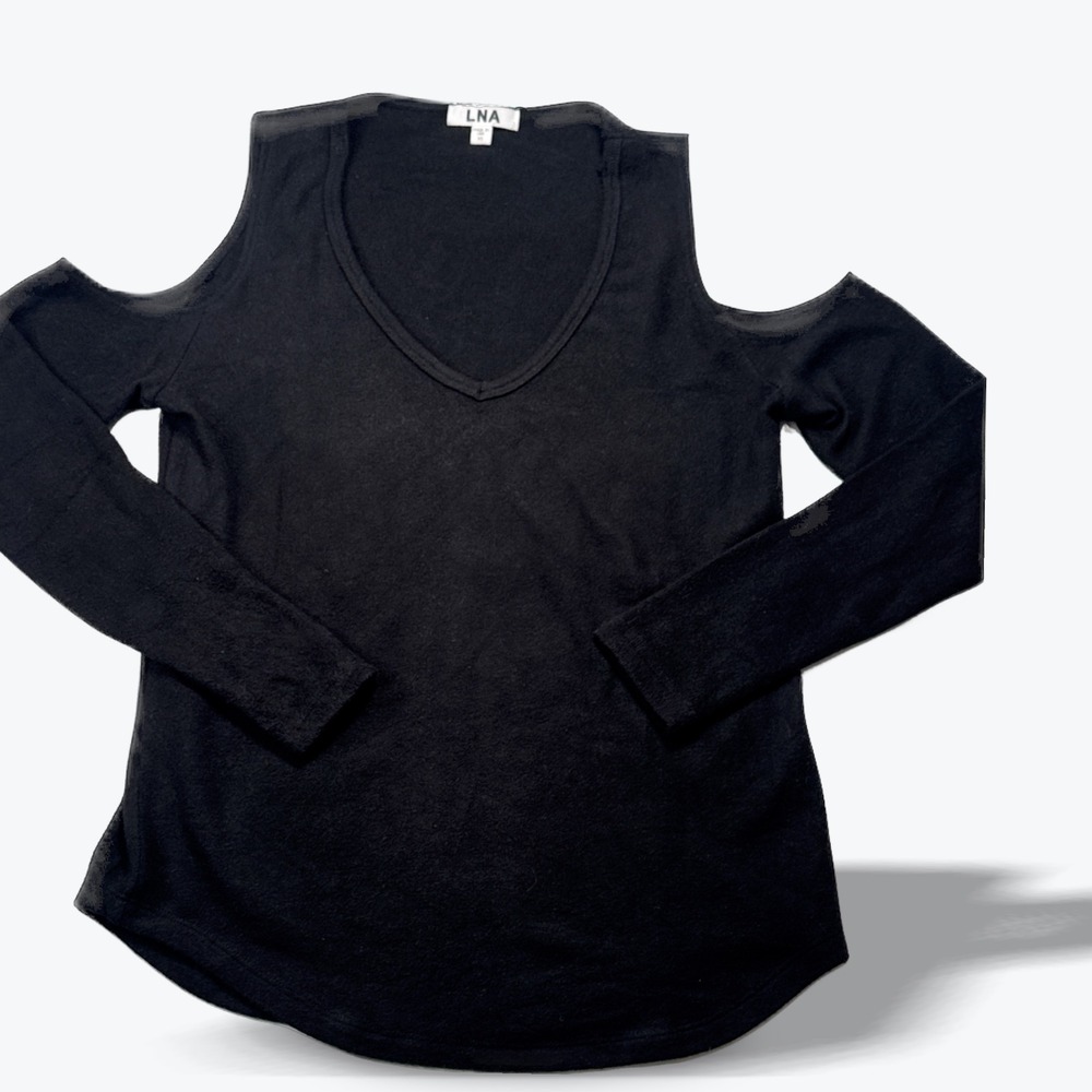 LNA Long Sleeve Top Cold Shoulder V Neck Super Soft Black Tencel Blend XS USA